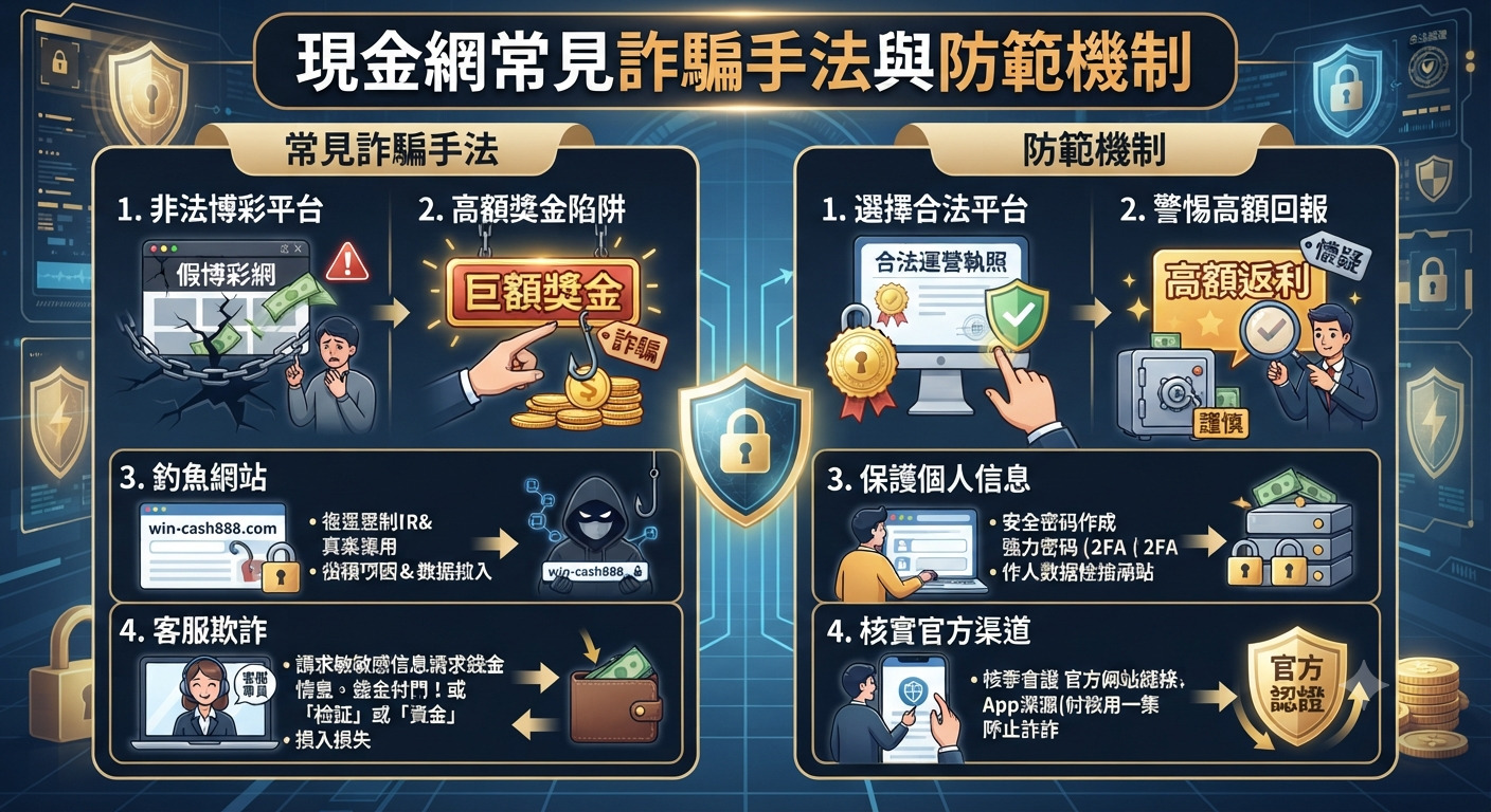 這張資訊圖表以深色科技風格呈現,標題為「現金網常見詐騙手法與防範機制」。 圖中左右兩側分別詳細列出了四大詐騙手法與對應的防範安全機制。