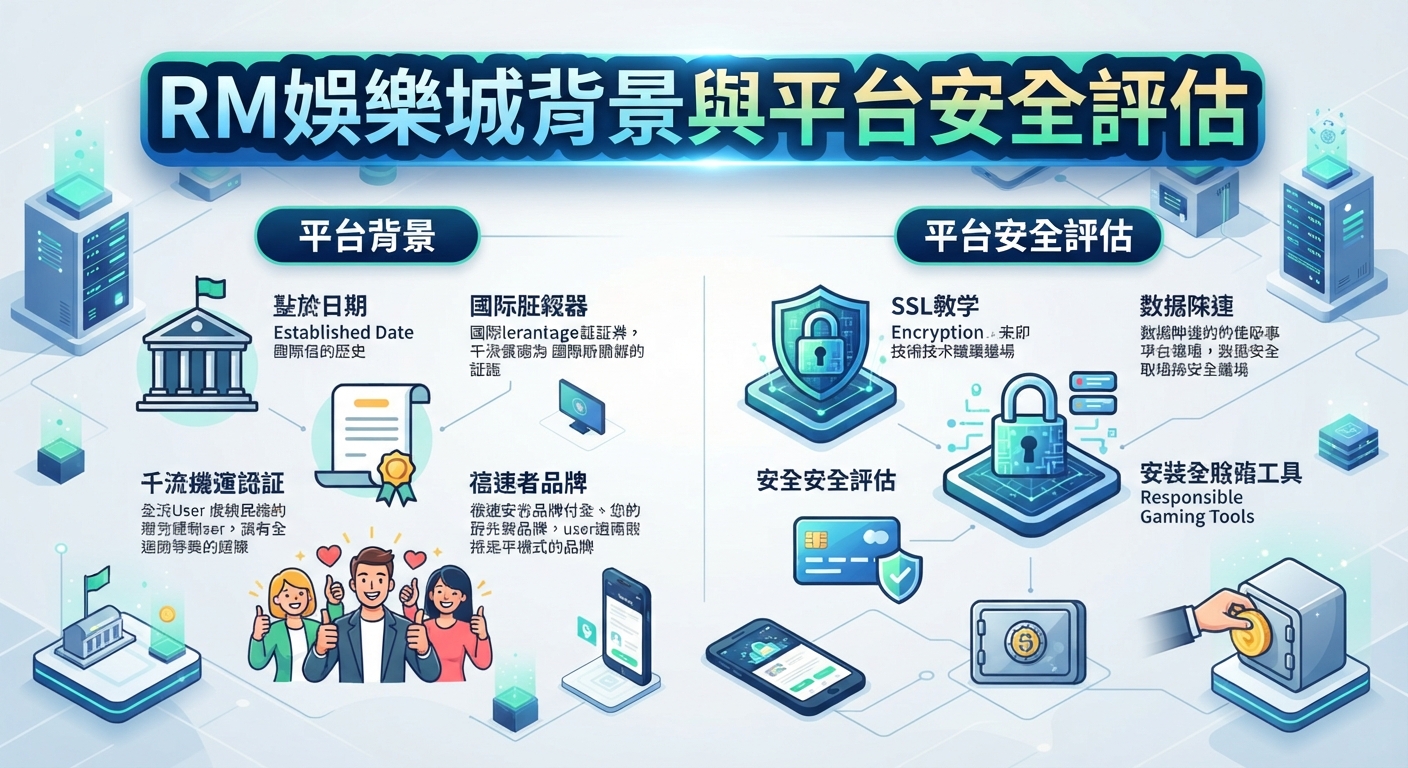圖片上方醒目地顯示著「RM娛樂城背景與平台安全評估」的主標題。 下方則以圖表與圖示展示了平台的背景資訊、加密技術與安全評估。