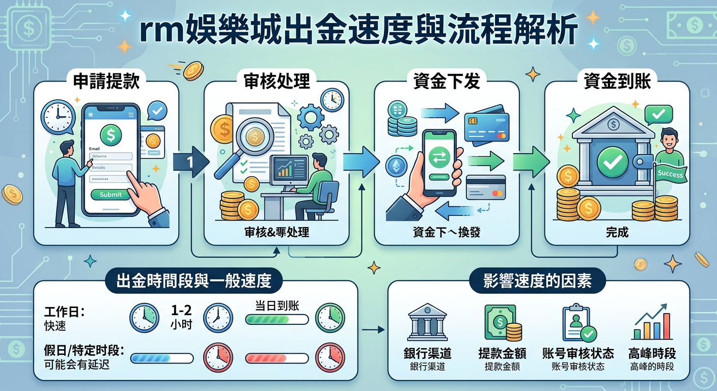 這張圖表詳細解析了「rm娛樂城」的出金流程，包含申請、審核、發放至到帳的四大步驟。 同時列出影響提款速度的關鍵因素與不同時段的到帳時間，幫助用戶清楚掌握資金流向。