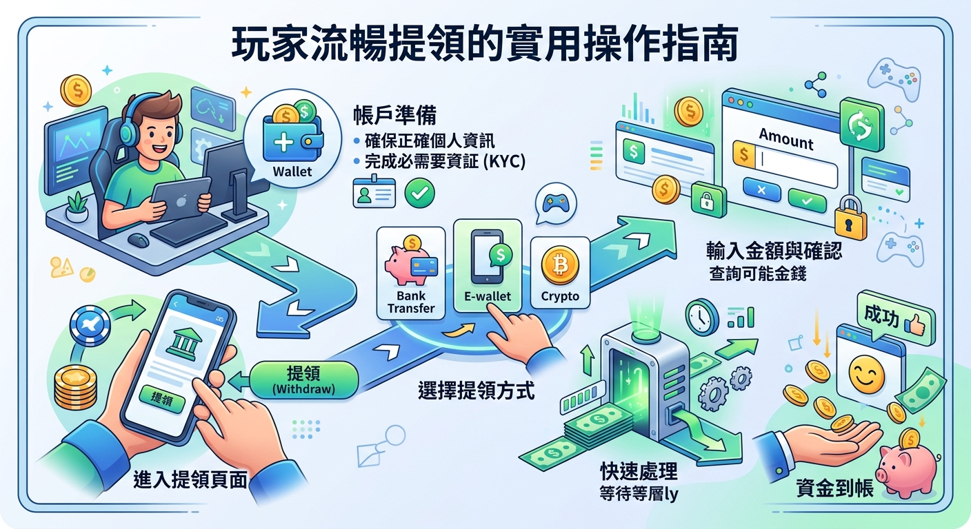 這是一張以「玩家流暢提領」為主題的現代向量風格流程圖圖解。 圖中呈現了帳戶驗證、選擇提領方式至資金順利到帳的完整操作步驟。