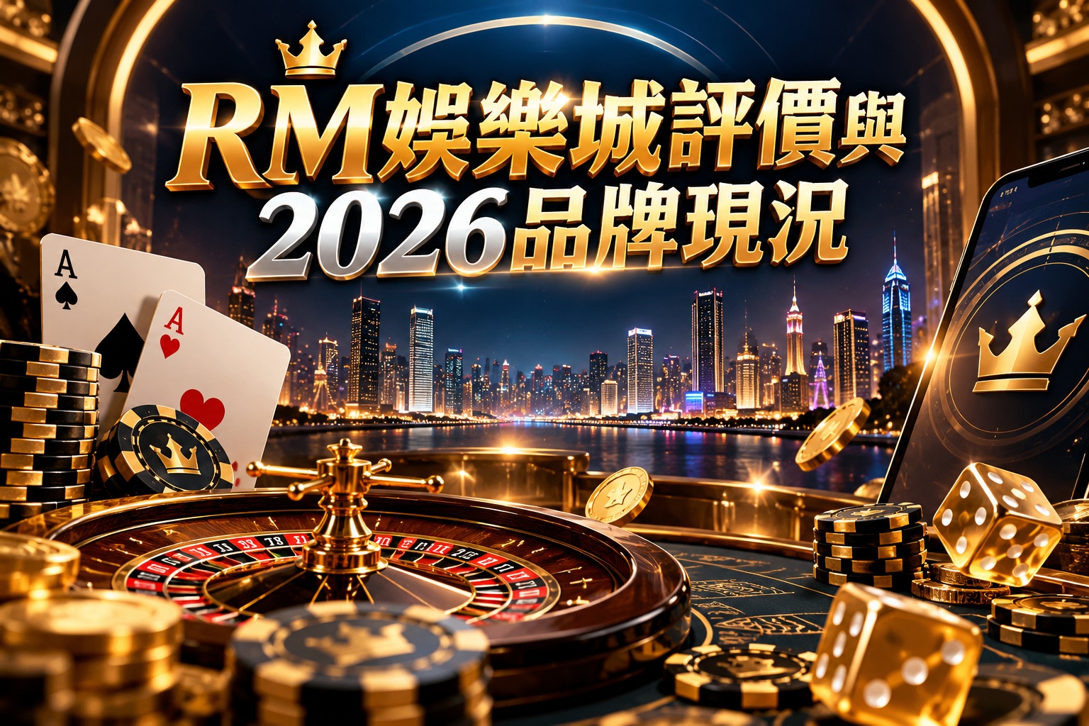 圖片以奢華黑金色調呈現 RM娛樂城2026品牌現況,結合城市夜景、輪盤、撲克牌與籌碼,營造高級線上娛樂氛圍。 透過醒目的金色標題與手機介面元素,突顯RM娛樂城評價主題,引導讀者深入了解品牌資訊與平台安全性。