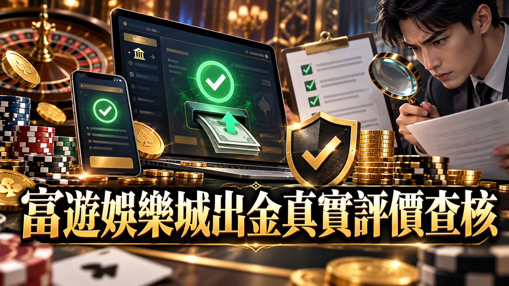 圖片以黑金色調呈現 RM娛樂城官網正版入口查證主題,結合放大鏡、網址欄與安全盾牌,象徵網站真偽驗證。 透過綠色安全標誌、紅色警告符號及神祕駭客剪影,提醒使用者辨識假冒網站與防範網路詐騙風險。